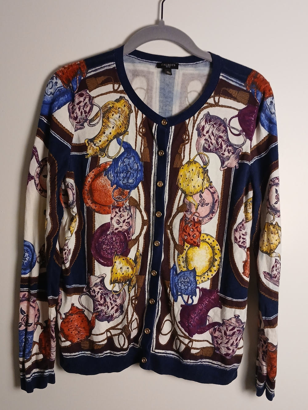 Talbots Petites Navy Multi Tea-Print Button Cardigan Sweater